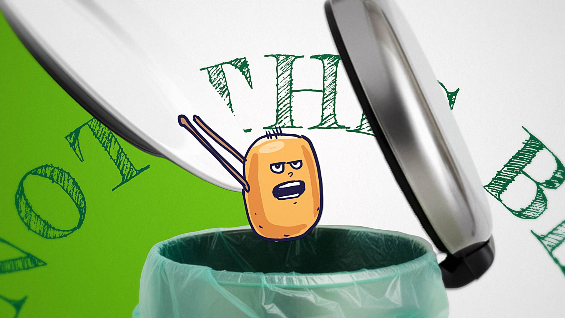 Animated food waste character dropping into a council food bin as part of a Somerset Council recycling advert