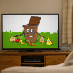 Animated food waste recycling advert shown on a television in a living room setting