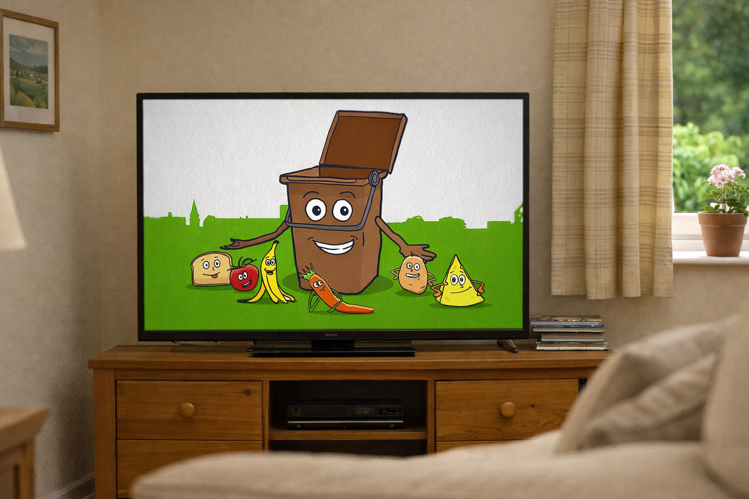 Animated food waste recycling advert shown on a television in a living room setting