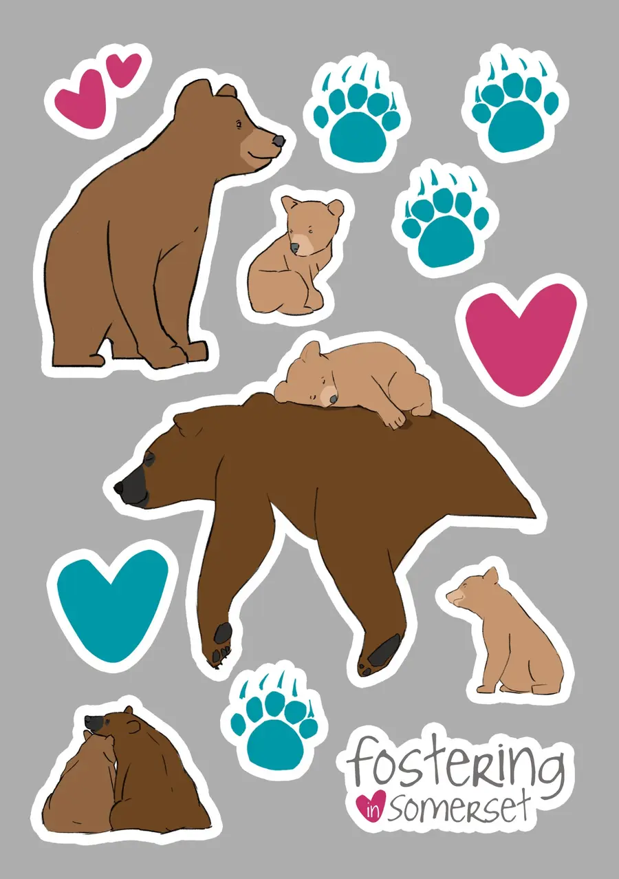 Fostering in Somerset bear and heart sticker sheet created for events