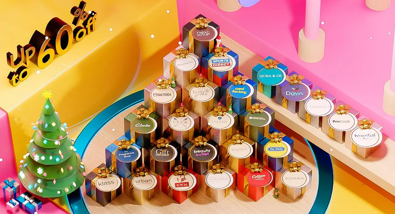 Colourful presents moving through the Affinity Outlet Shopping animated Christmas world