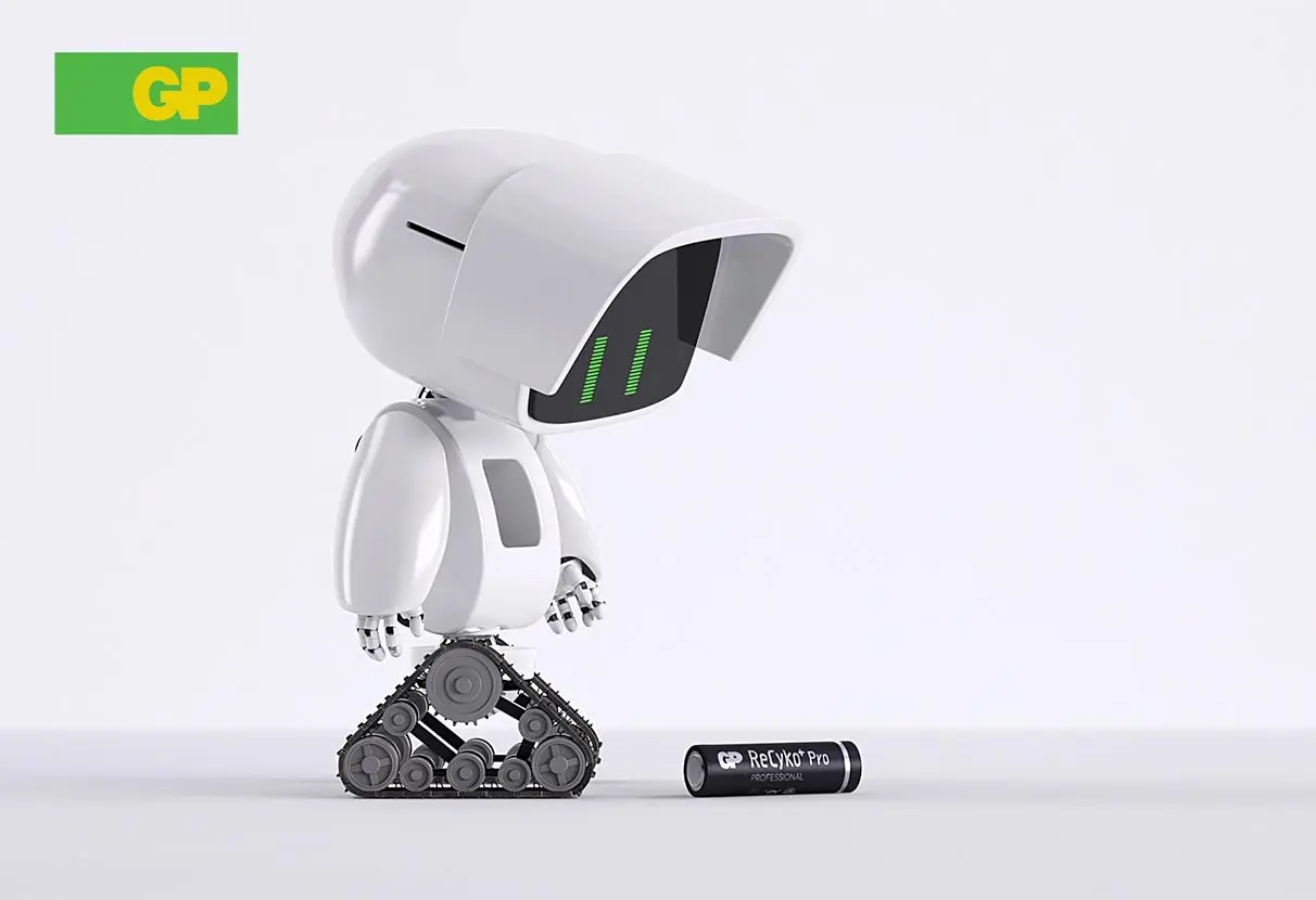 The animated GP Batteries robot character looking at the ReCyKo+ Pro product